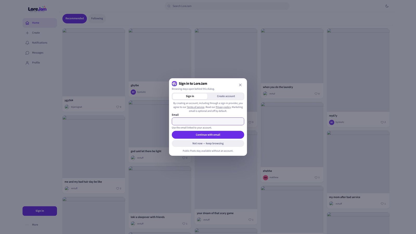 Screenshot: LoreJam Community