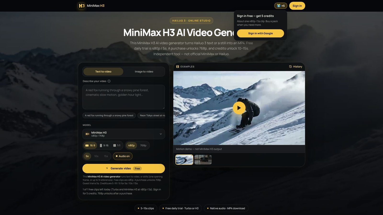 MiniMax H3 AI Video Generator Screenshot