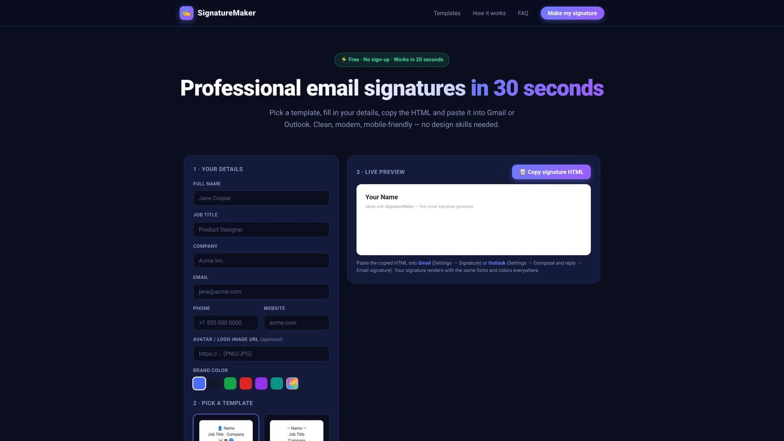 Screenshot: SignatureMaker - Free Email Signature Generator